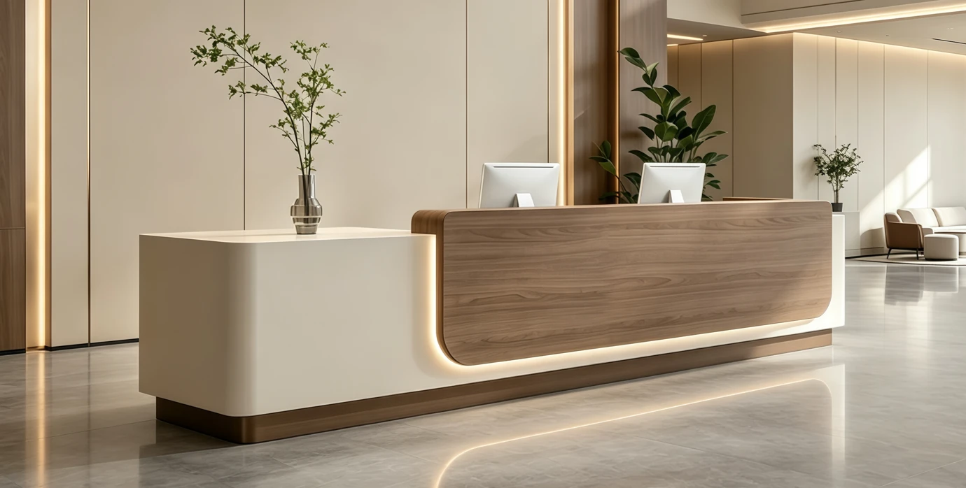 A refined Maoters reception space with a marble and wood desk