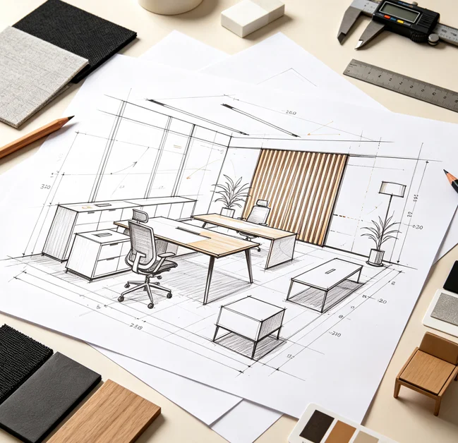 Furniture plans, finish samples, and workspace design materials