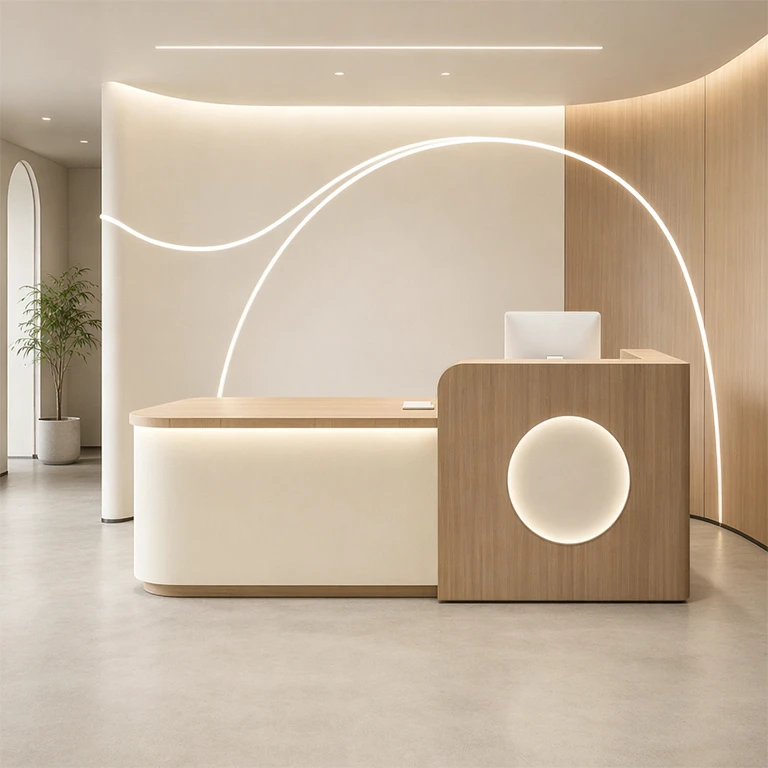 Top-down view of a styled office workspace