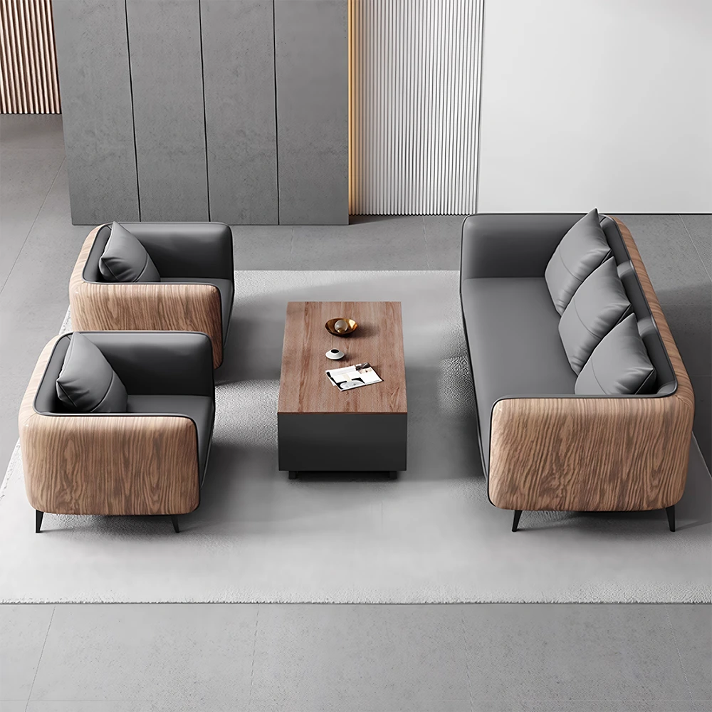 Gray Wood Grain Leather Sofa - Modern Business Reception - image 2