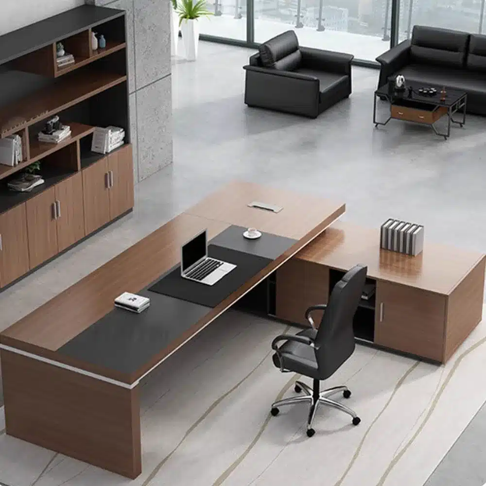 Dark brown wood grain office desk - image 5