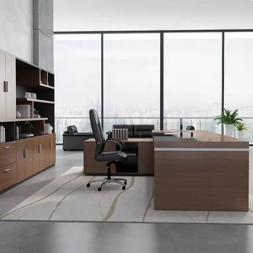 Dark brown wood grain office desk - image 6