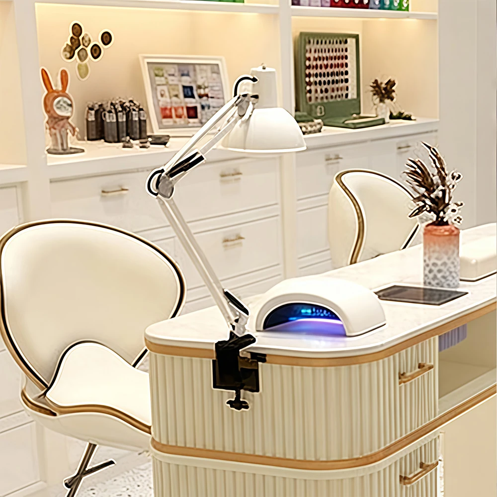 Dark Marble Nail Desk with Vacuum and Lamp - image 4