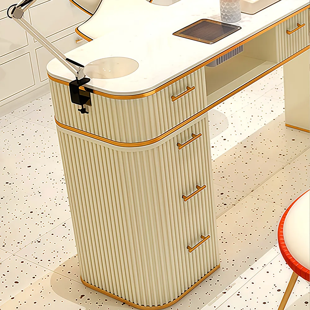 Dark Marble Nail Desk with Vacuum and Lamp - image 5