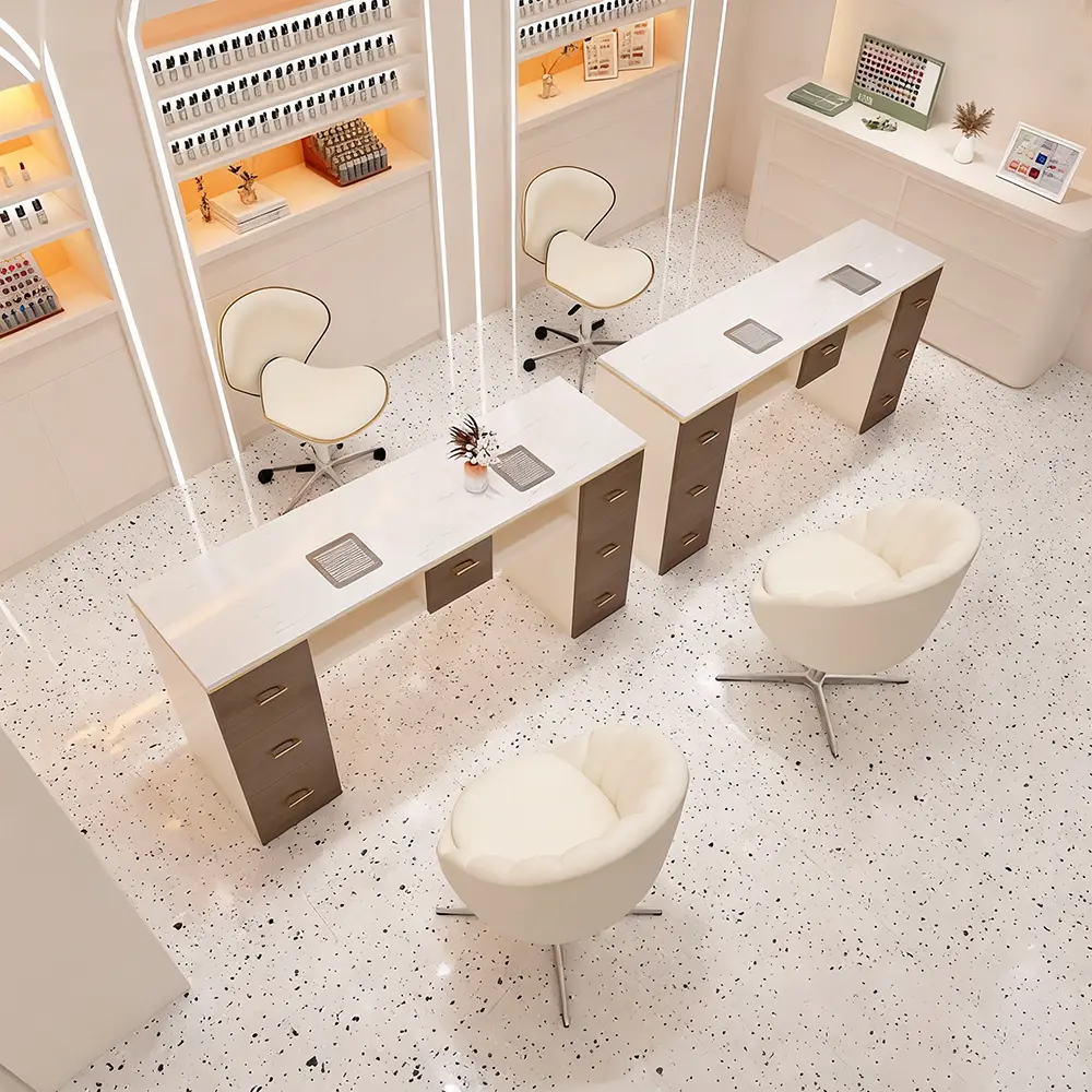 Retro Cream Marble Nail Desk with Storage - image 2