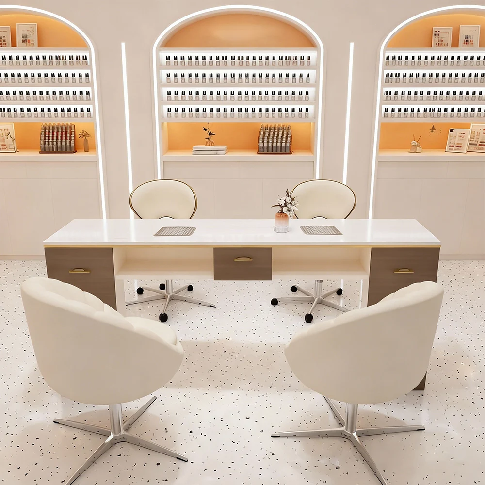 Retro Cream Marble Nail Desk with Storage - image 3