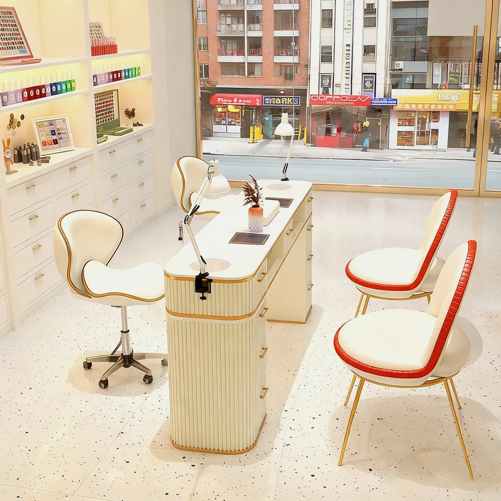 Dark Marble Nail Desk with Vacuum and Lamp - image 2