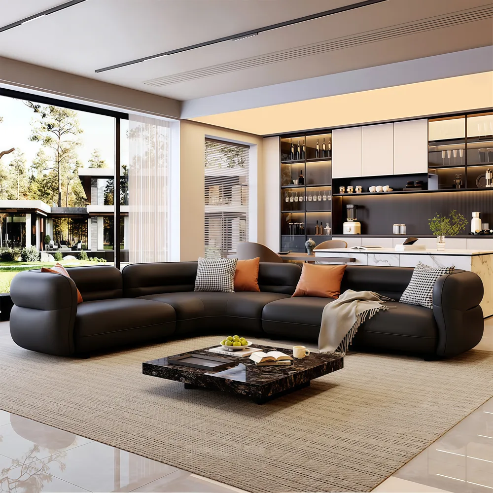 Curved Black Leather Sofa for Large Living Rooms - image 2