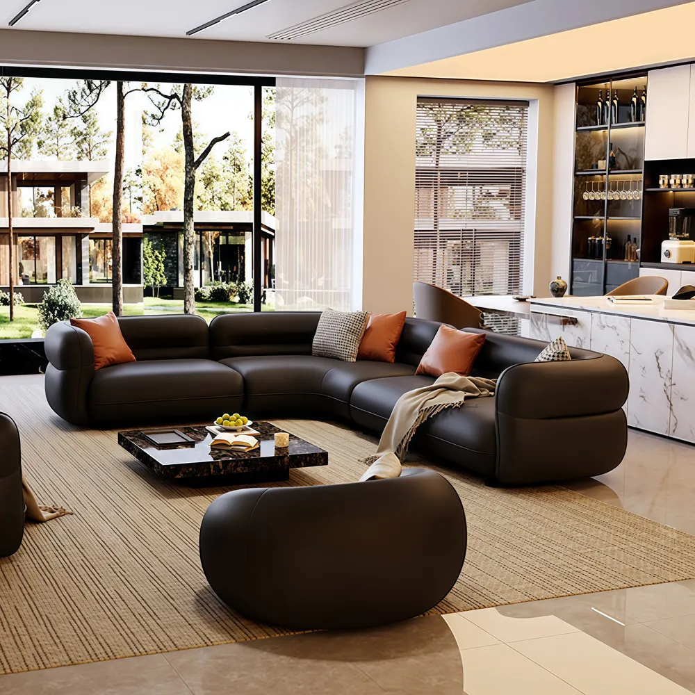 Curved Black Leather Sofa for Large Living Rooms - image 3