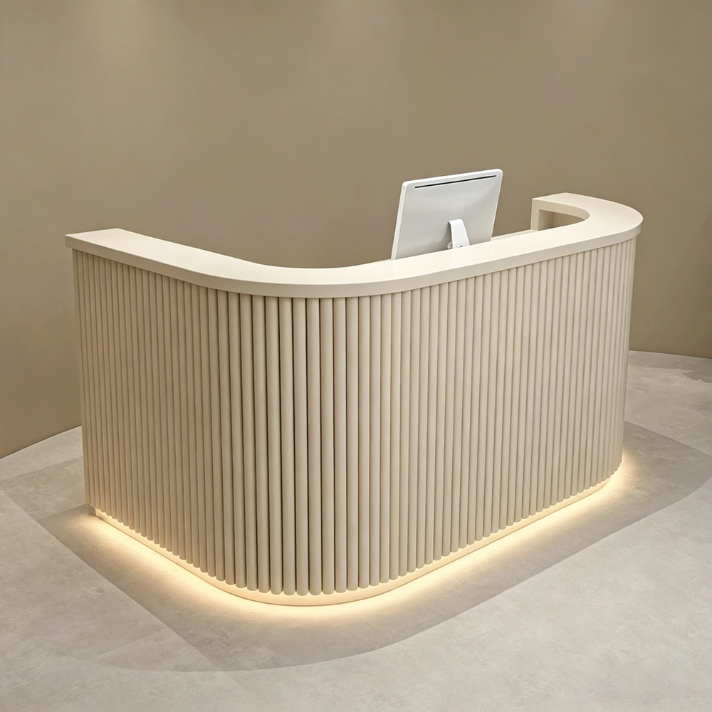 Curved White Stripe Reception Desk with LED Light - image 2