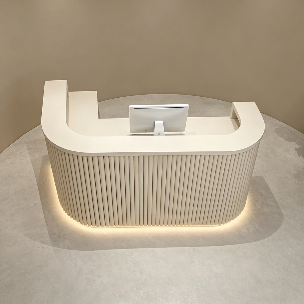 Curved White Stripe Reception Desk with LED Light - image 3