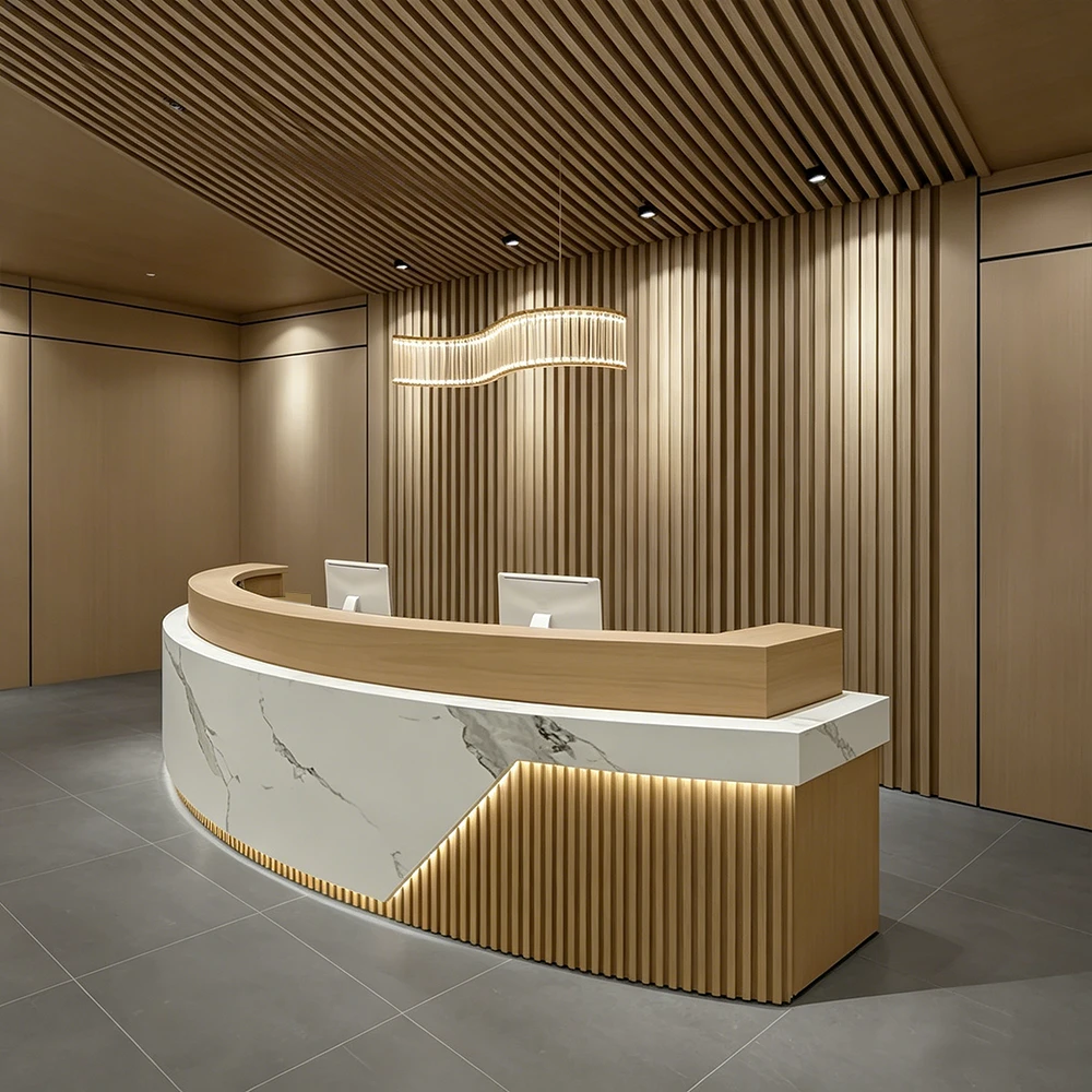 Versatile Curved Wooden Reception Counter - image 3