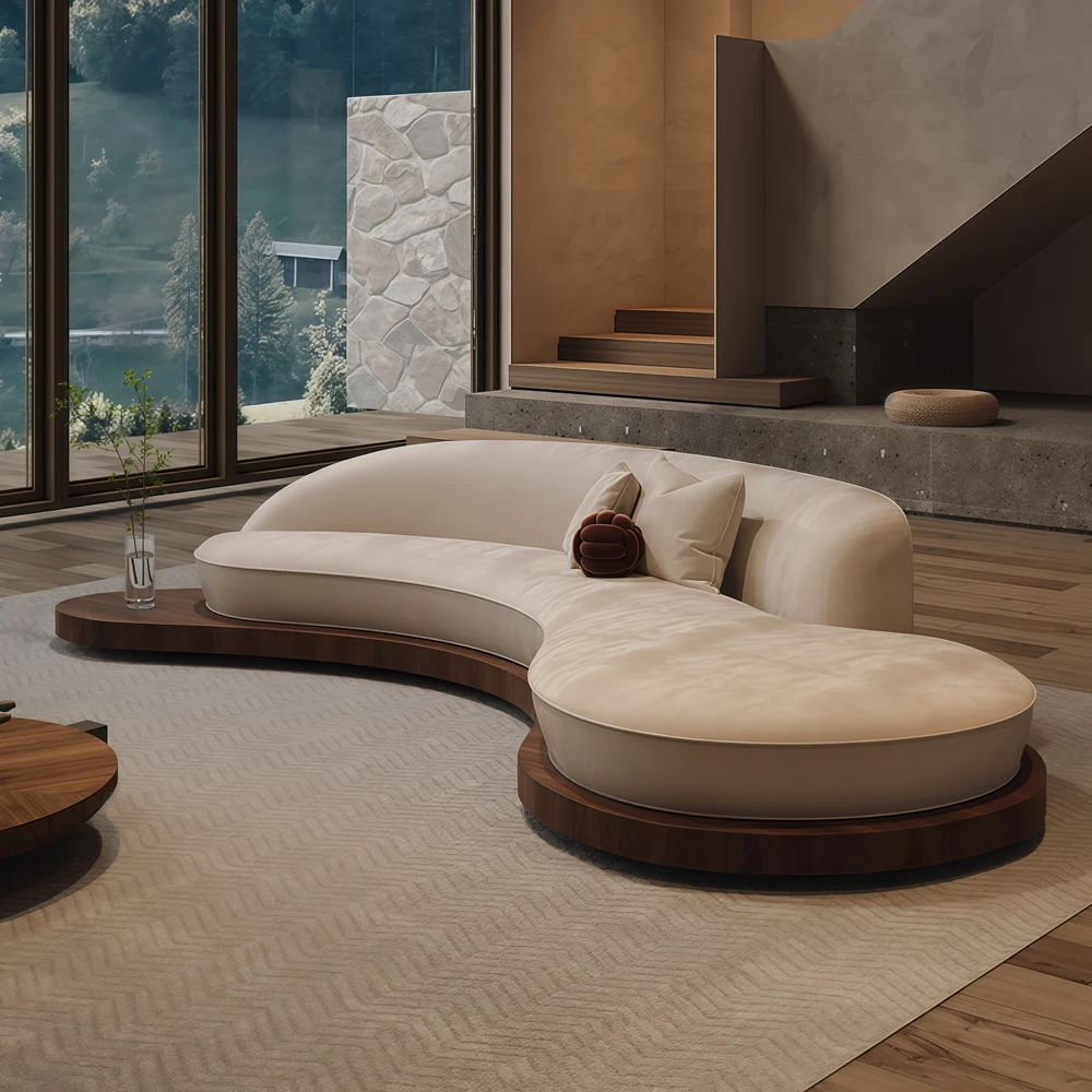 Retro Solid Wood Curved Sofa - image 3