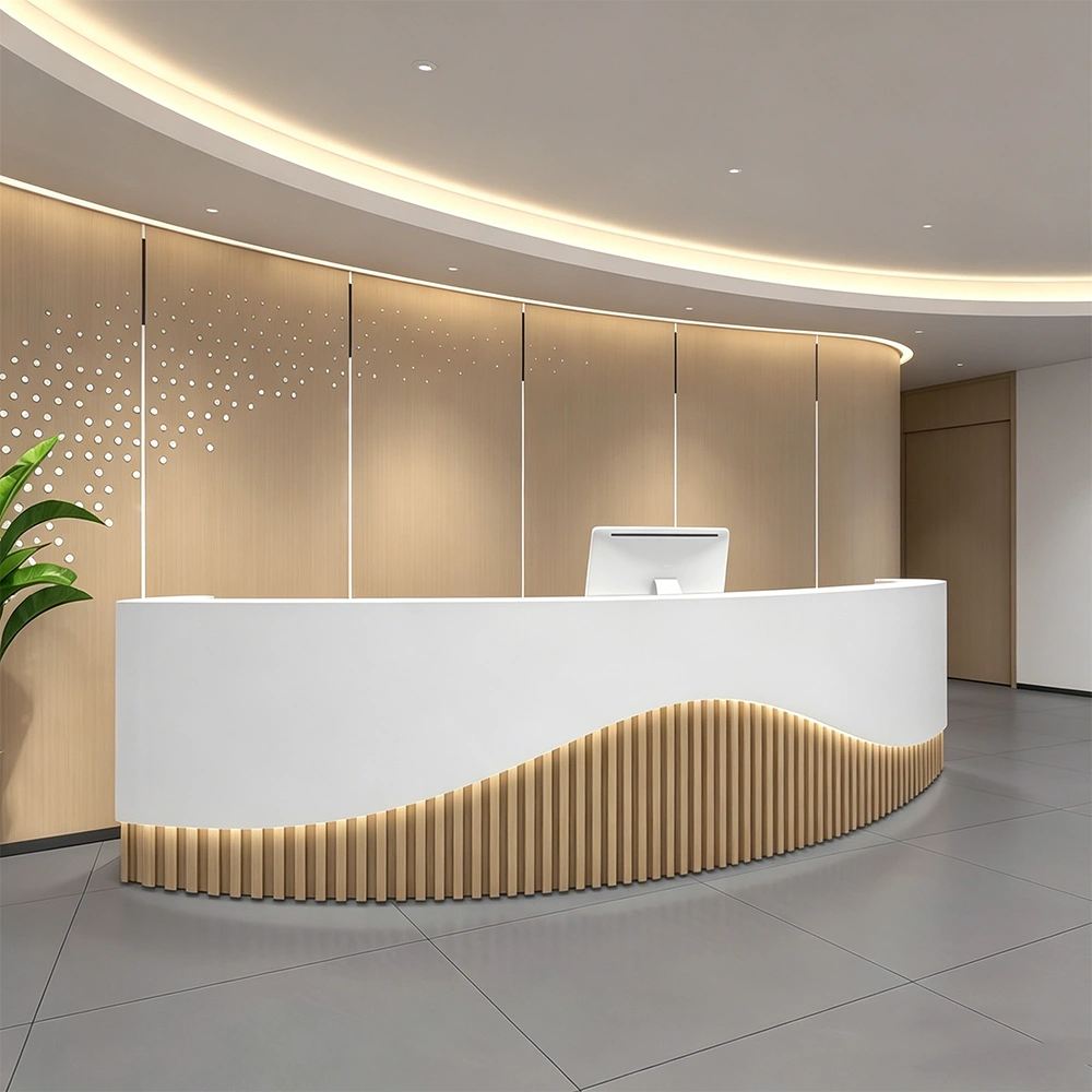 Curved Wood Slat Reception Desk with LED Lighting - image 2