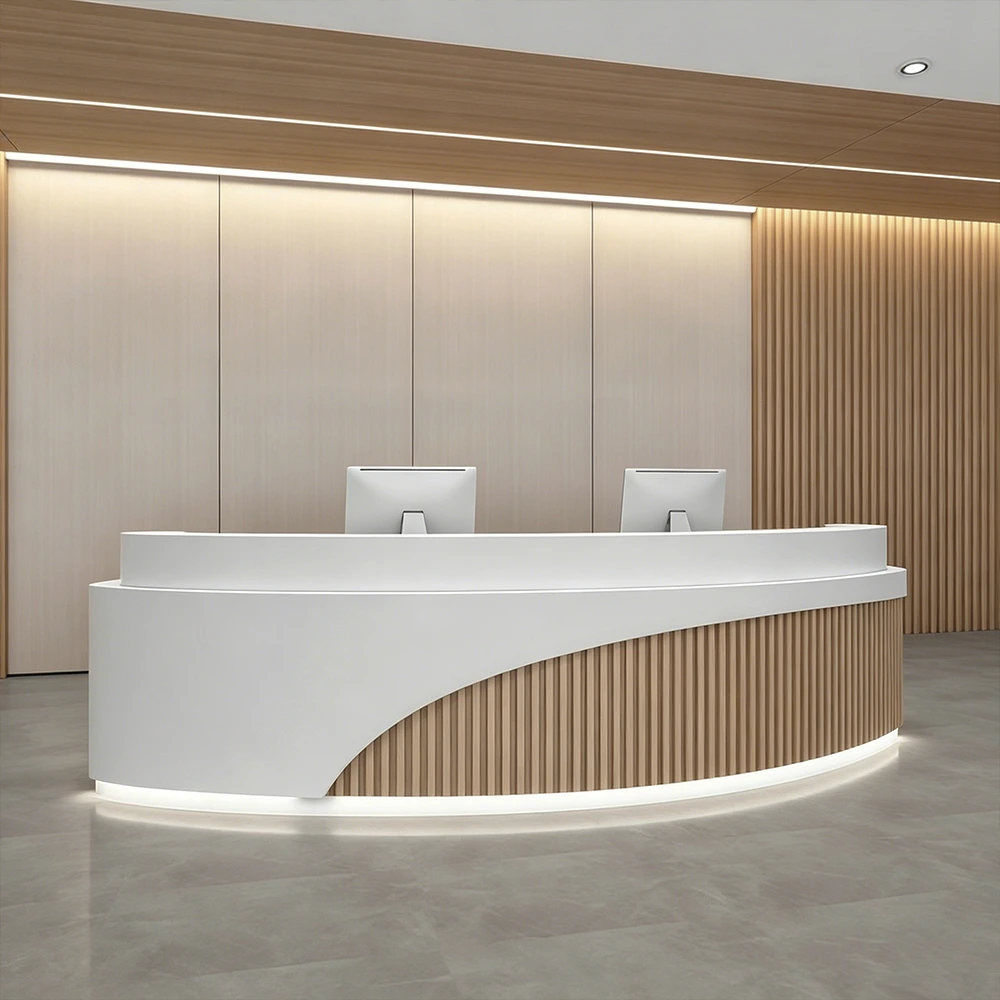 Modern Curved Service Counter with Wooden Grille - image 2